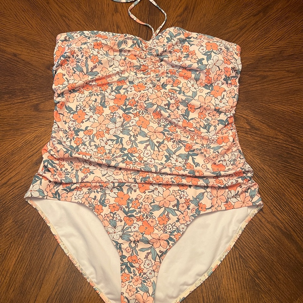 Pink and Orange One Piece Swimsuit with Ruched Detail